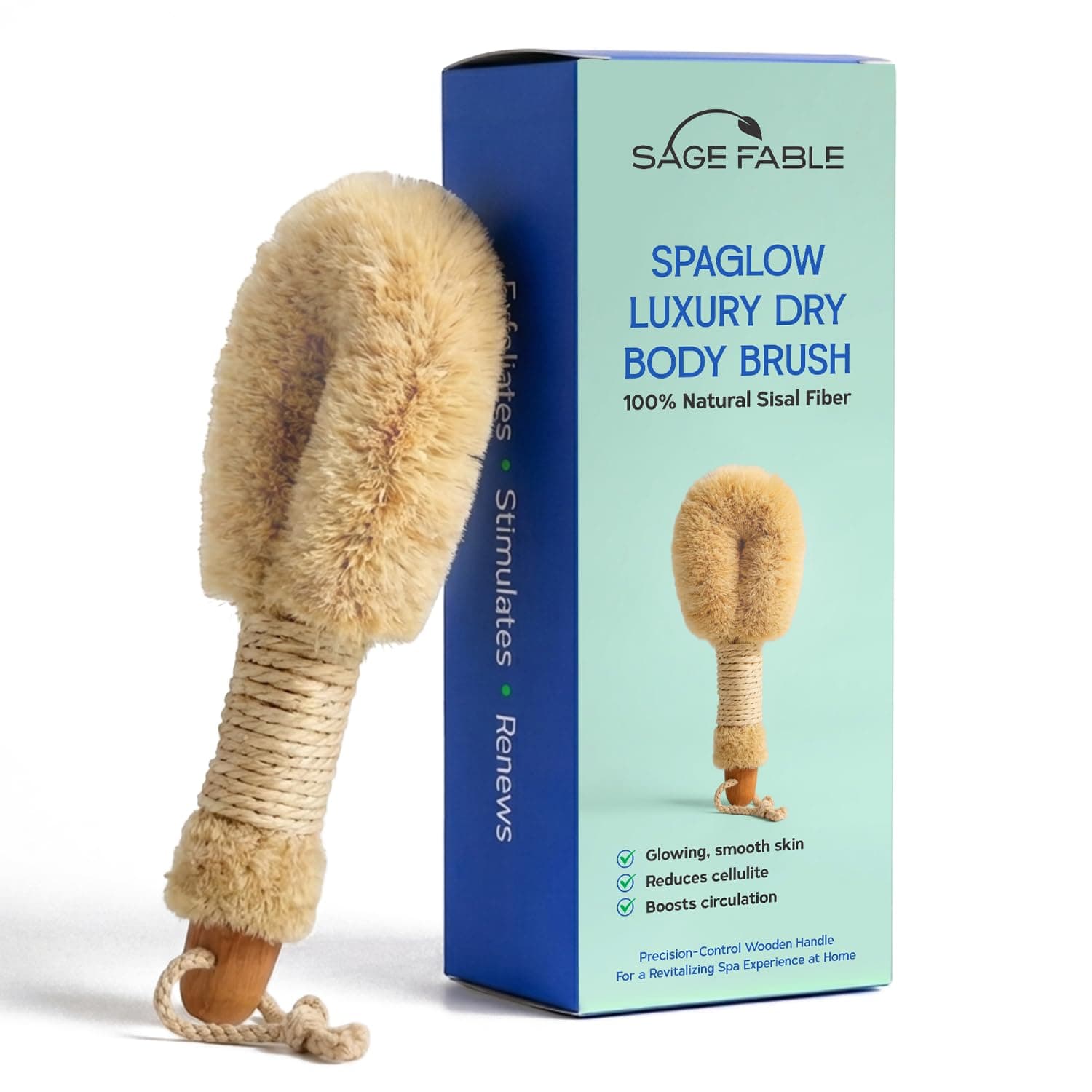 Sage Fable SpaGlow Luxury Dry Body Brush | 100% Natural Sisal Fiber Exfoliating Brush for Glowing Skin, Cellulite & Lymphatic Support | Precision-Control Spa Massage Brush