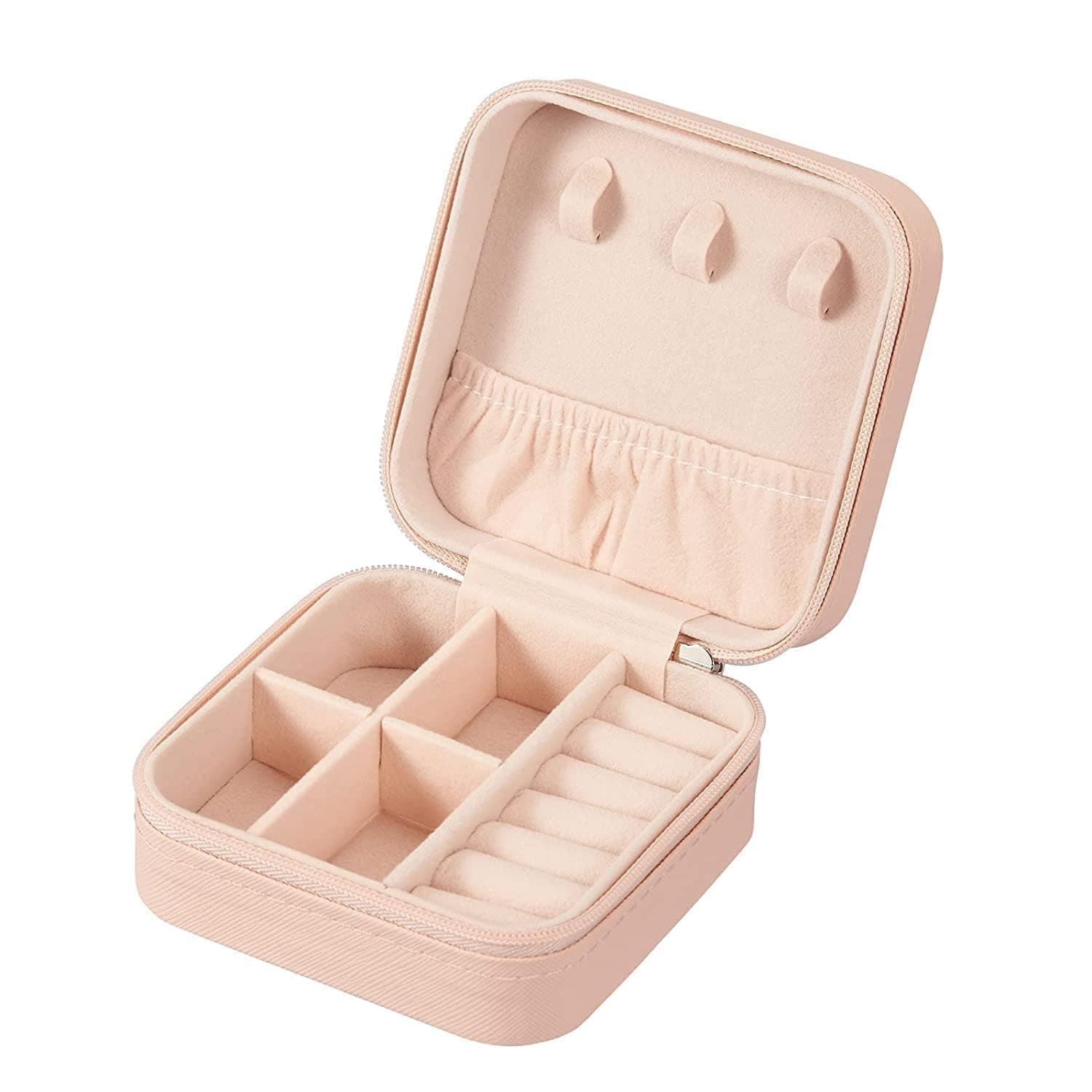 TAMQUSAK Mini Jewellery Travel Case, PU Leather Organizer Box, Small Portable Jewellery Storage Holder for Womens Rings Earrings Necklaces (Pinkish Peach)
