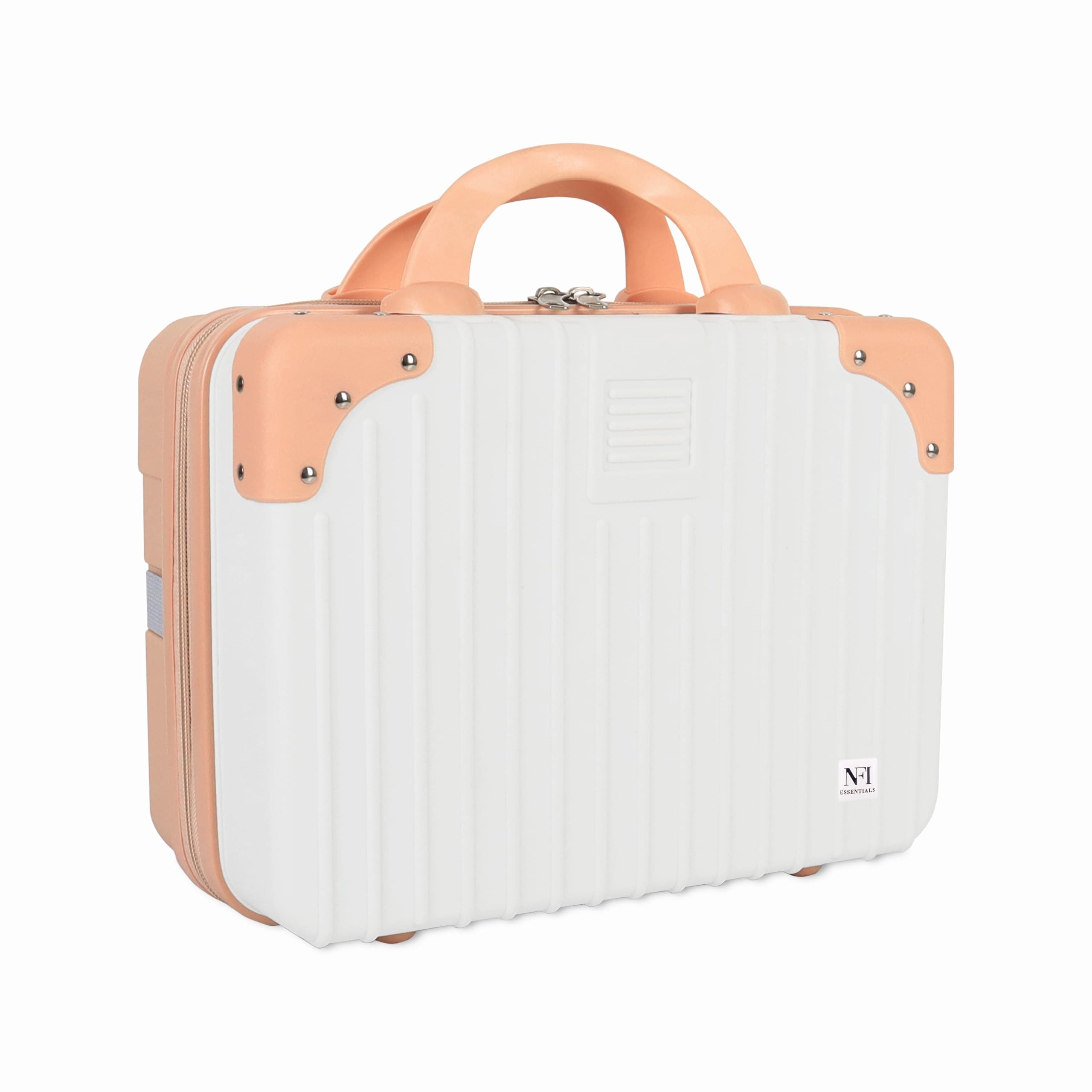 NFI Essentials ABS Hard Shell Vanity Cases for Women Travel Portable Carrying Cosmetic Case Suitcase Organizer Makeup Storage Box for Girls Toiletries Bag (Pink & White)