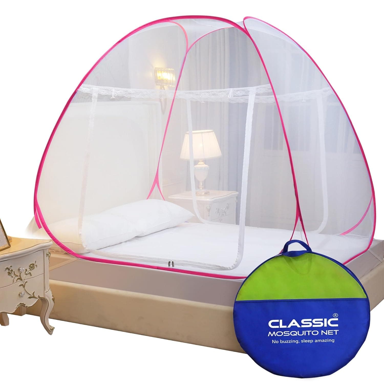 Classic Mosquito Net for King Size Bed | 30 GSM Polyester Fine Mesh | Foldable Pop Up Machardani for Double Bed | 360° Mosquito & Insect Protection | Washable & Reusable | Pink