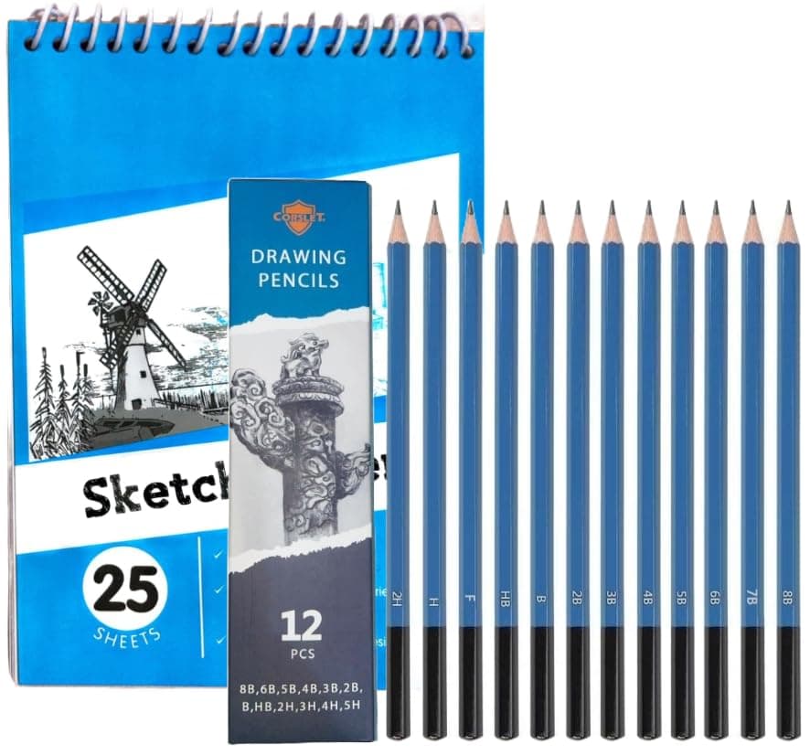 Corslet Pack of 13 Artist Pencil for Sketching Pencils Drawing Pencil Set for Artists 12 Pc Sketch Pencil 8B 6B 5B 4B 3B 2B B HB 2H 3H 4H 5H Drawing Pencils with 25 Sheets A5 Sketchbook