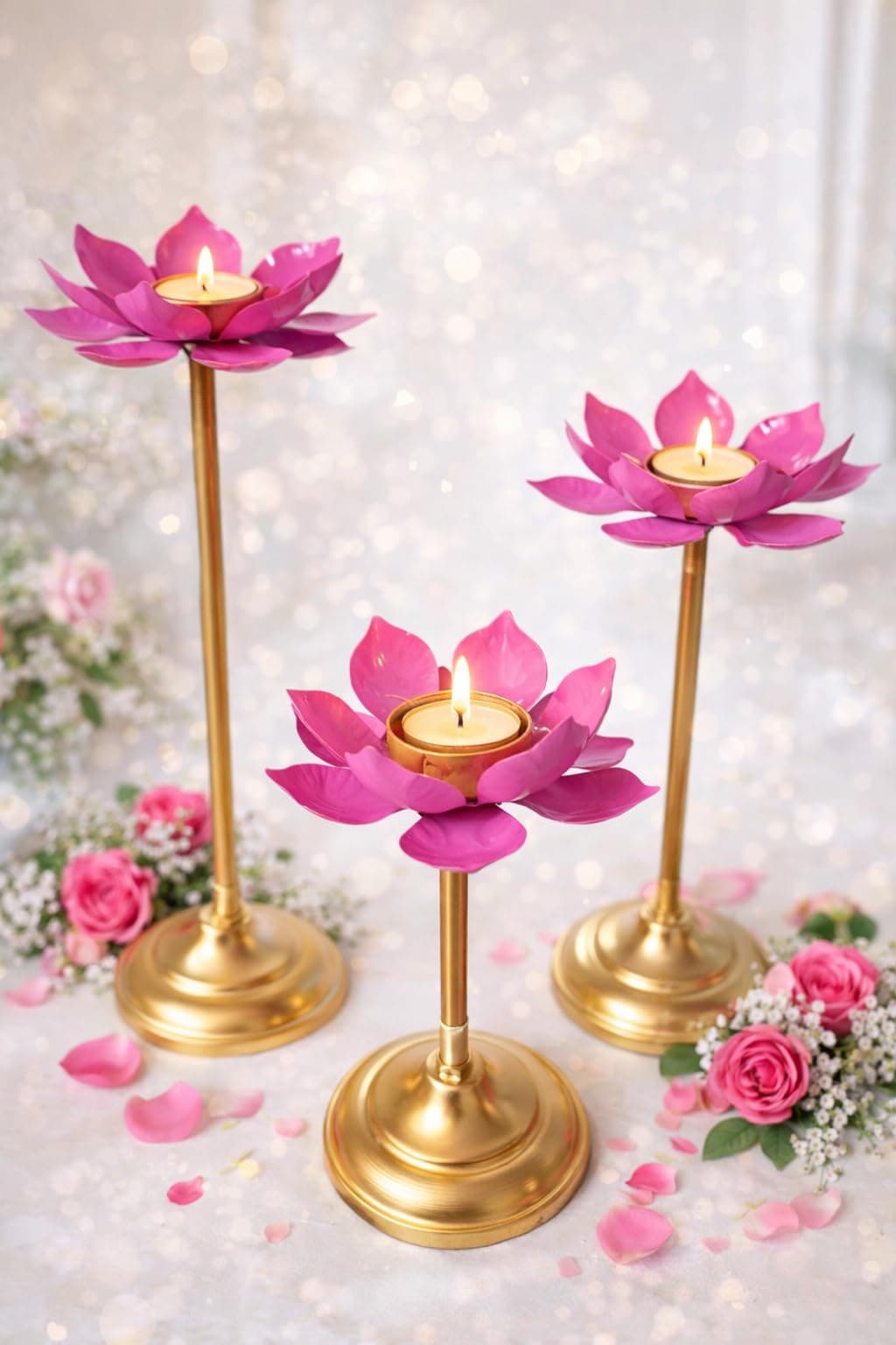Set of 3 Lotus Design Metal Tealight Candle Holder Stands | Decorative Tabletop & Pooja Decor for Diwali, Wedding, Festival & Home (Pink & Golden)