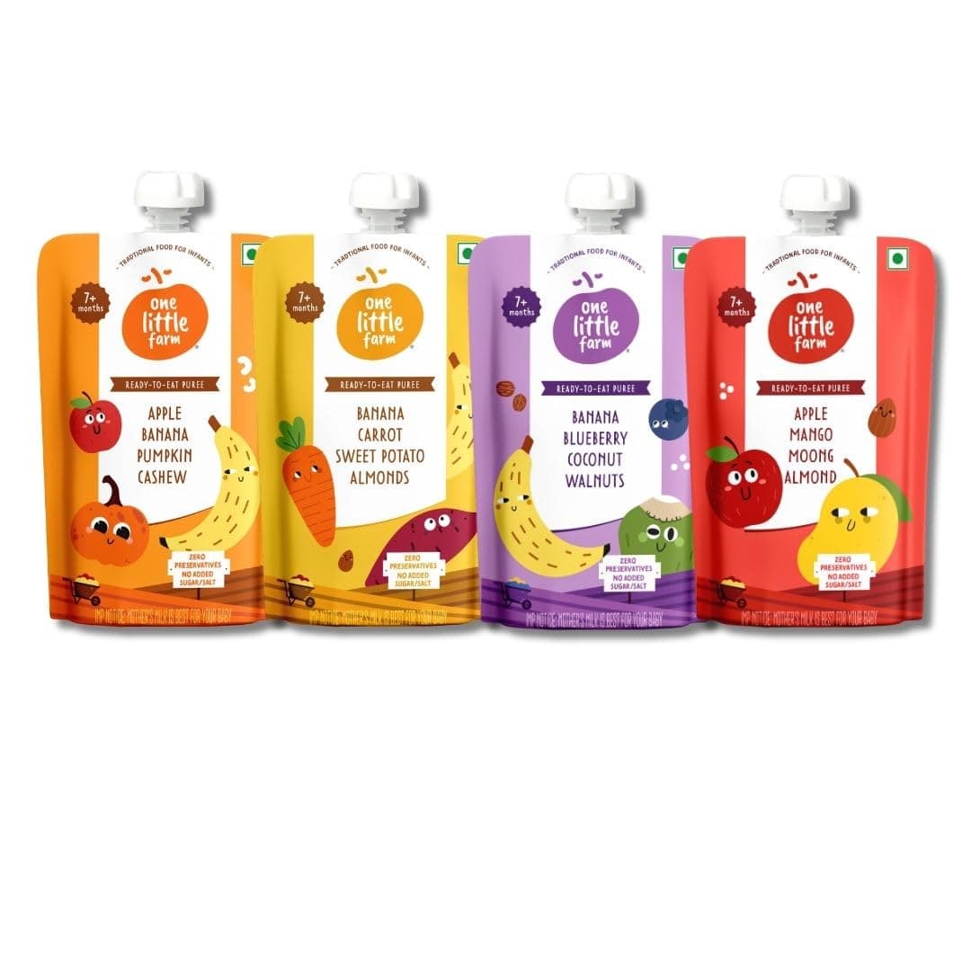 One Little Farm Baby Food Puree Pouch | 7+ Months | Veggie Lovers Combo Pack of 4 | 100% Natural, No Preservatives, No Sugar | with Protein & Healthy Fats | Ready-to-Eat | Pack of 4, 90g Each