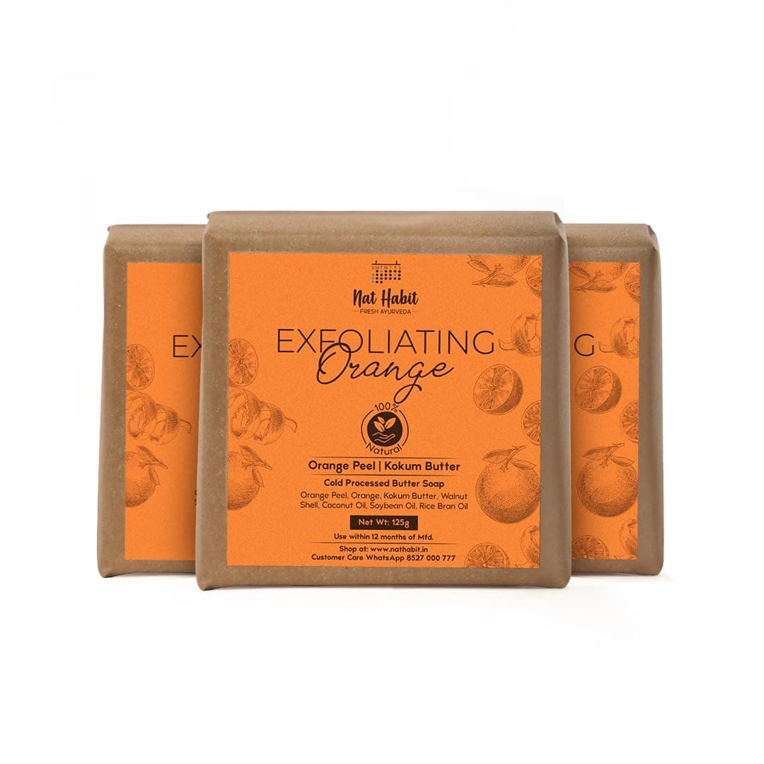 Nat Habit Orange Kokum Butter Bath Soap for Women & Men | Cold Processed With Vit C for Body Acne, Pimple & Oil Control | Improve Skin Tone & Boost Collagen Production| Gentle Exfoliation| Pack of 3 X 125g