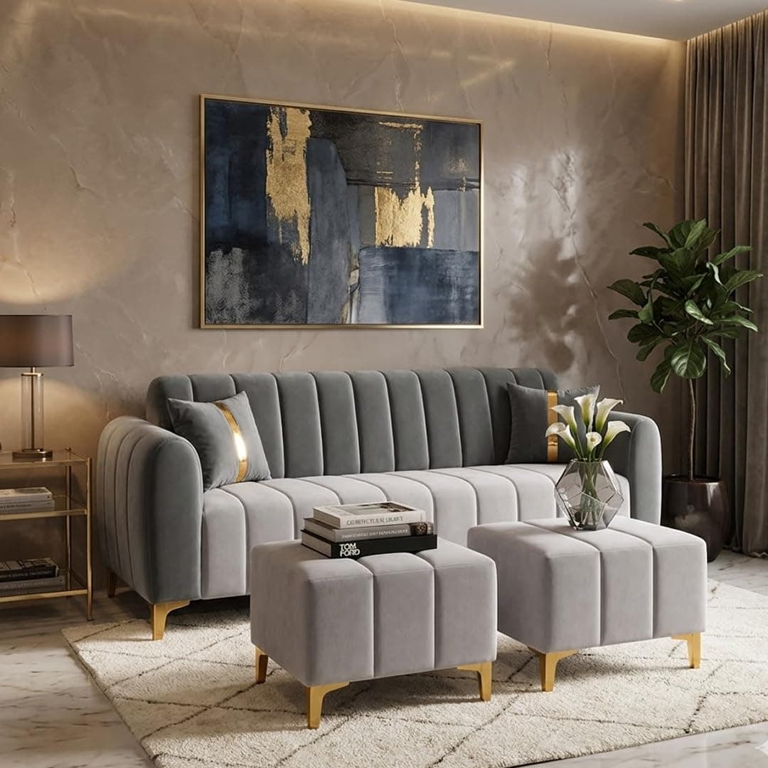 FURNY Harmony 5 Seater L Shape Sofa Set with 2 Movable Ottoman & Golden Legs | Flexible Left or Right Layout | Plush Velvet Fabric (Dark Grey-Light Grey) | Perfect For Living Room, Guest Room & Office