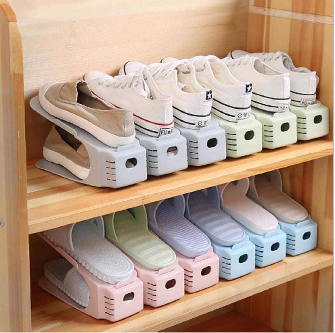 NYALKARAN Plastic Shoe Slots Organizer Space Saver Double Deck Shoe Rack Adjustable Shoe Slots for Closet Organization (Set of 20)