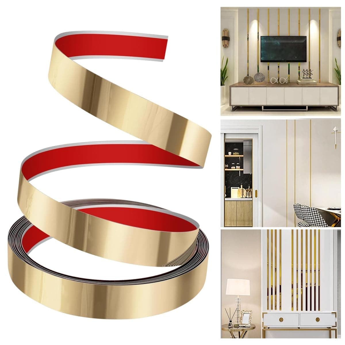 Golden Metal Trim Wall Strip Stainless Steel PVD Coated 8K Mirror Gold Finish Flat Trim Strip profile 20 mm x 16.4ft(5mtr) Roll for wall Decoration, Furniture, Highlighters (Gold, Pack of 1)