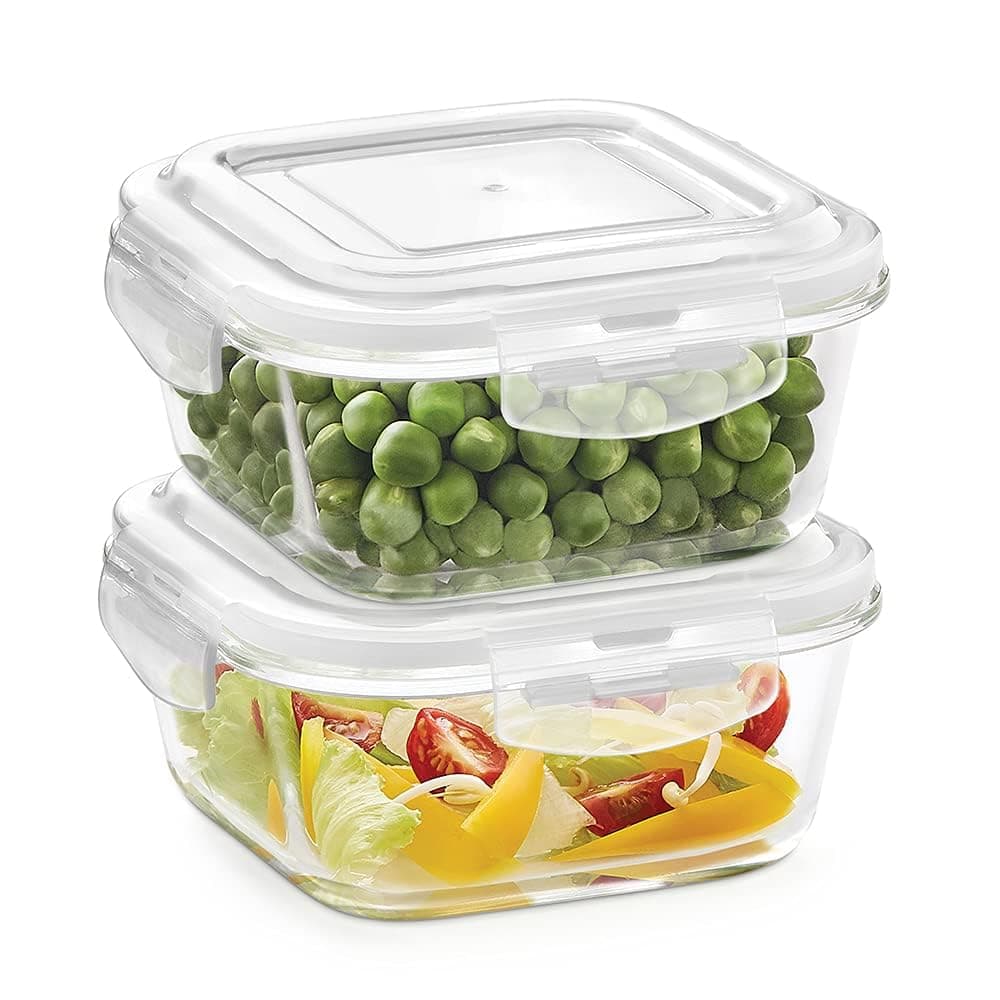 RIVERFAB Transparent Glass Lunch Box | Borosilicate Glass Container with Airtight Clip Lock Lid | Microwave, Freezer Safe Glass Tiffin Box (Borosilicate Glass Lunch Box - Square - 500 ml (Pack Of 2)