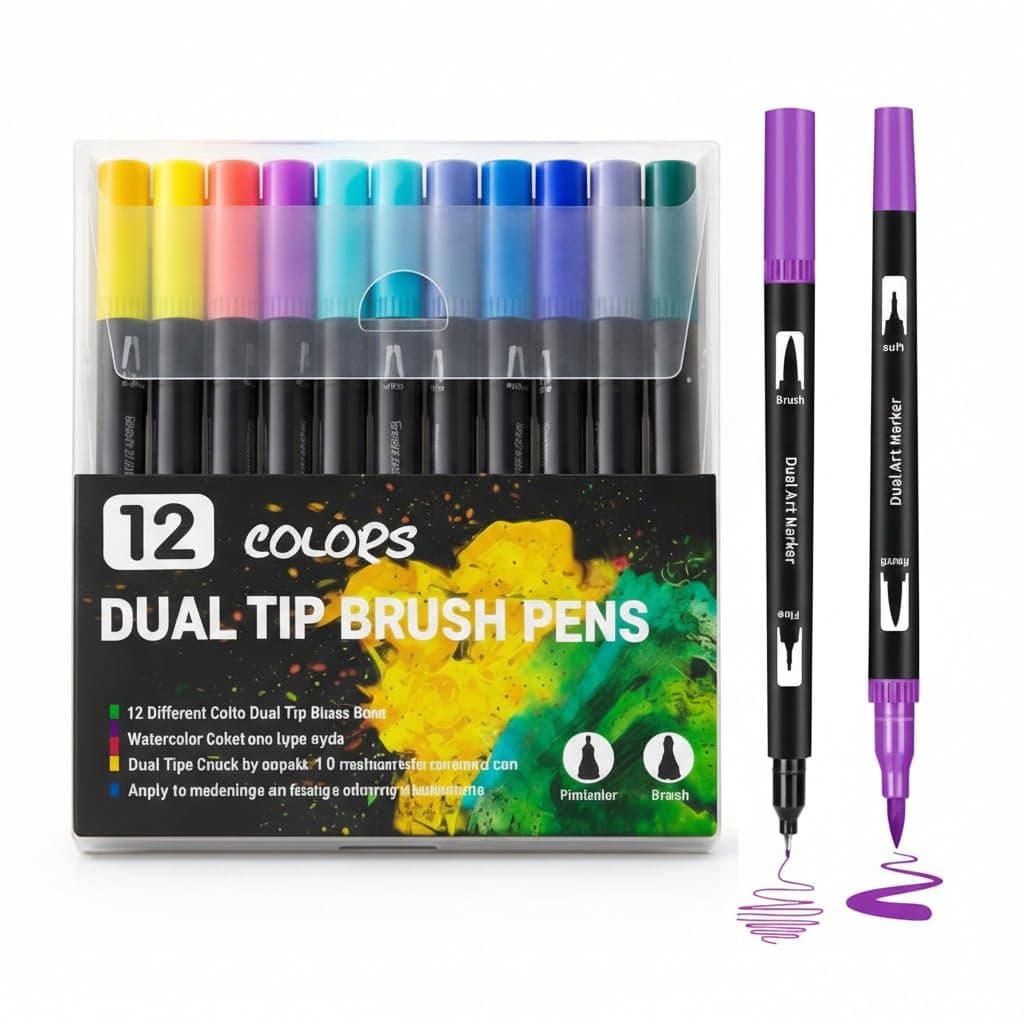 Corslet Dual Tip Brush Pens Set of 12 Vibrant Colours for Mandala Colouring Professional Dual Tip Felt Tip Pens with Flexible Brush Tip & Extra Fine Liner Tip for Detailed Artwork Watercolour Markers