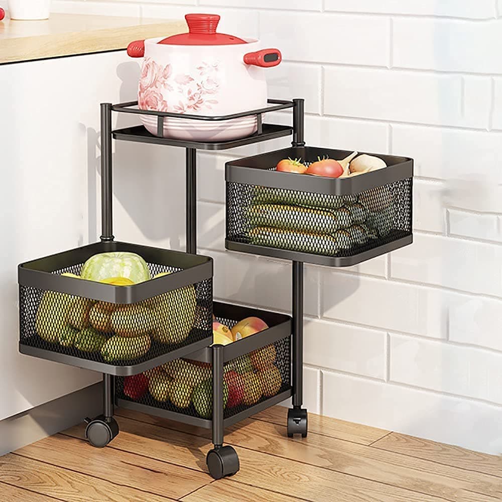 Privesh Iron 1 Pc 3 Layer Kitchen Rotating Trolley Portable Storage Rack Square Design Fruits&Vegetable Onion Cutlery,Spice,Jars Container Basket Organizer Holder Stand for Kitchen-Black (3 Layer)