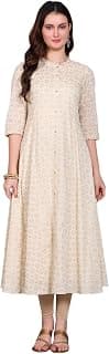 Aurelia Women’s Foil Printed Zari Embellished Anarkali Pure Cotton Beige Kurta and Legging Set