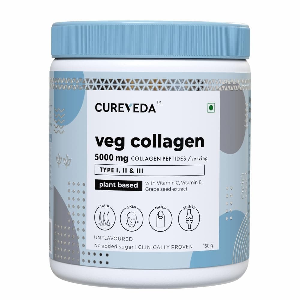 Cureveda Veg Collagen 5000mg Collagen Peptide with added Vitamin C & E, Grapeseed Extract For Healthy Skin, Hair & Nails | Men & Women - 150 gm Powder Unflavoured