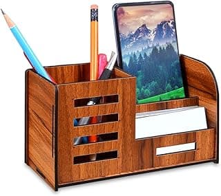 GLUN Wooden Pen Stand with Mobile & Visiting Card Holder | Multipurpose Desk Organizer for Office & Home | Pen Pencil Stand with Business Card Holder Brown, 8X17.5X10 Cm