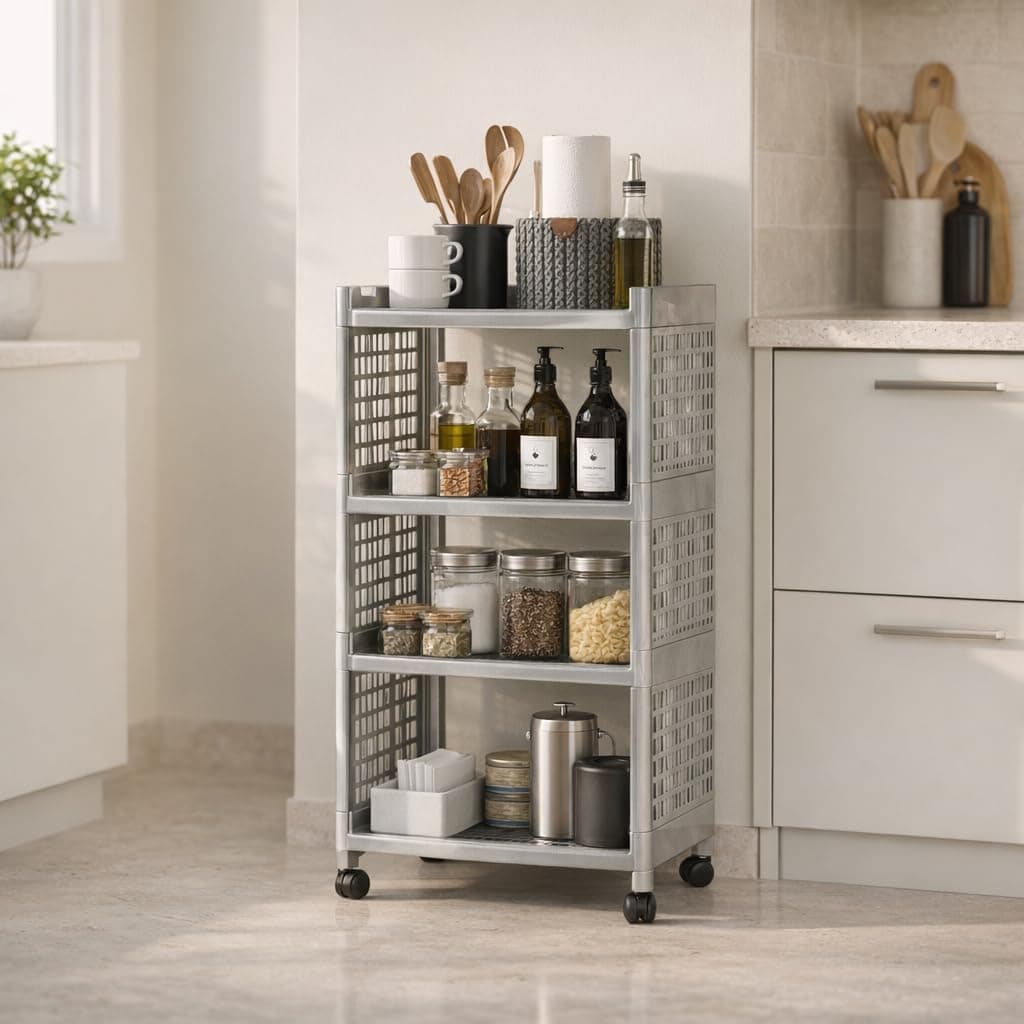 Morbrix 4 Layer Multipurpose Kitchen Trolley with Wheels, Space Saving Home Storage Organizer Rack Vegetable Trolley Rack Stand for Home, Offic (Silver)