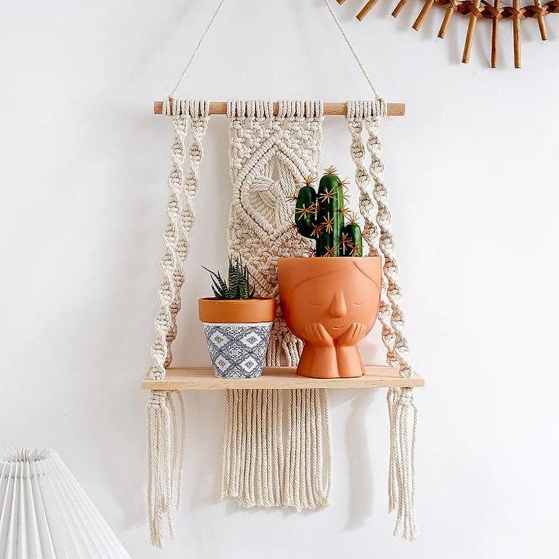 tms Macramé Wall Hanging Shelf Pine Wood Floating Shelve with Wooden Dowel Modern Chic Woven Décor for Dorm Living Room Nursery Off-White (10X5X20 inch) (TMS-WS-113)