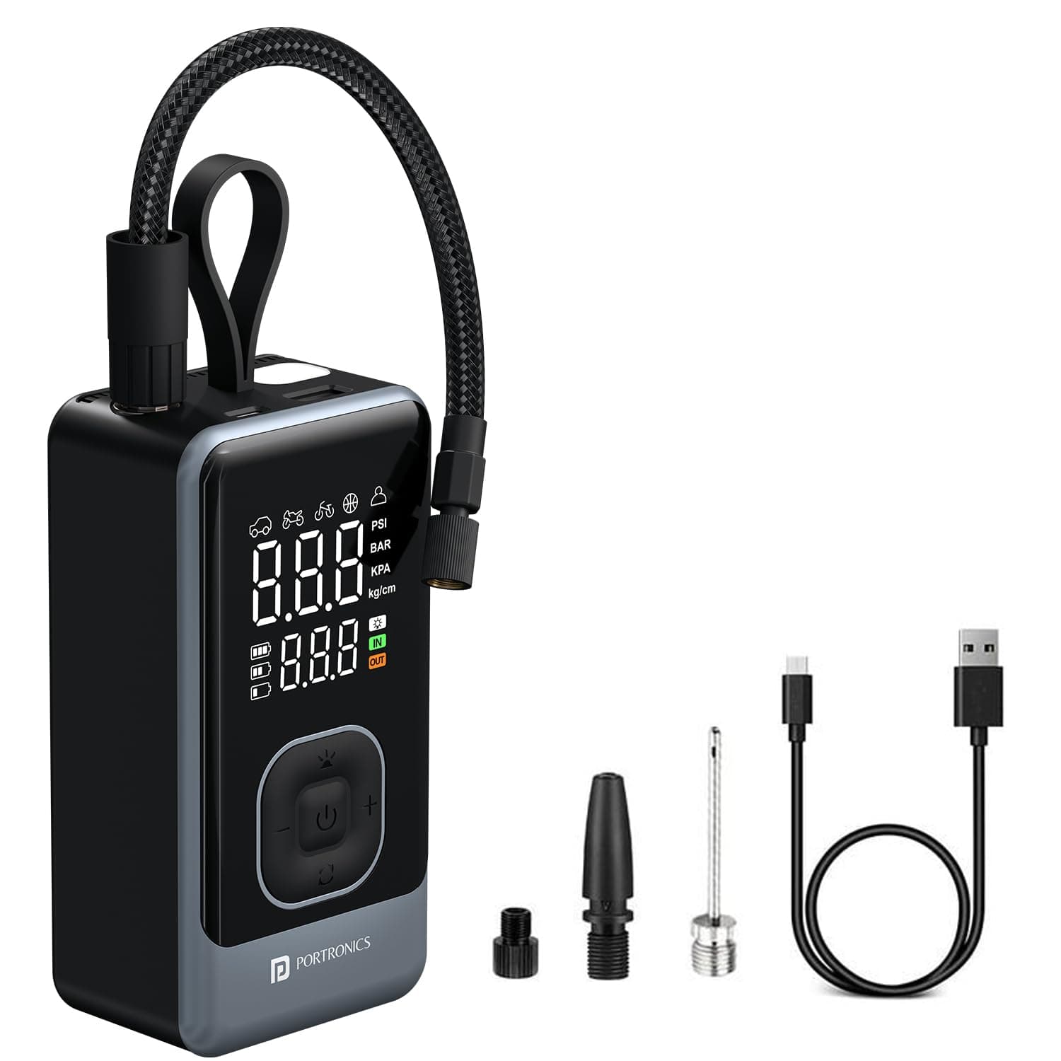 Portronics Vayu 8.0, Digital Rechargeable Tyre Inflator with In-Built Hanging Support, 2×2000mAh Batteries, Auto Shut Off, LED Light, SOS, Pressure Detection, Type-C Charging, for Car/Bike/Ball(Black)