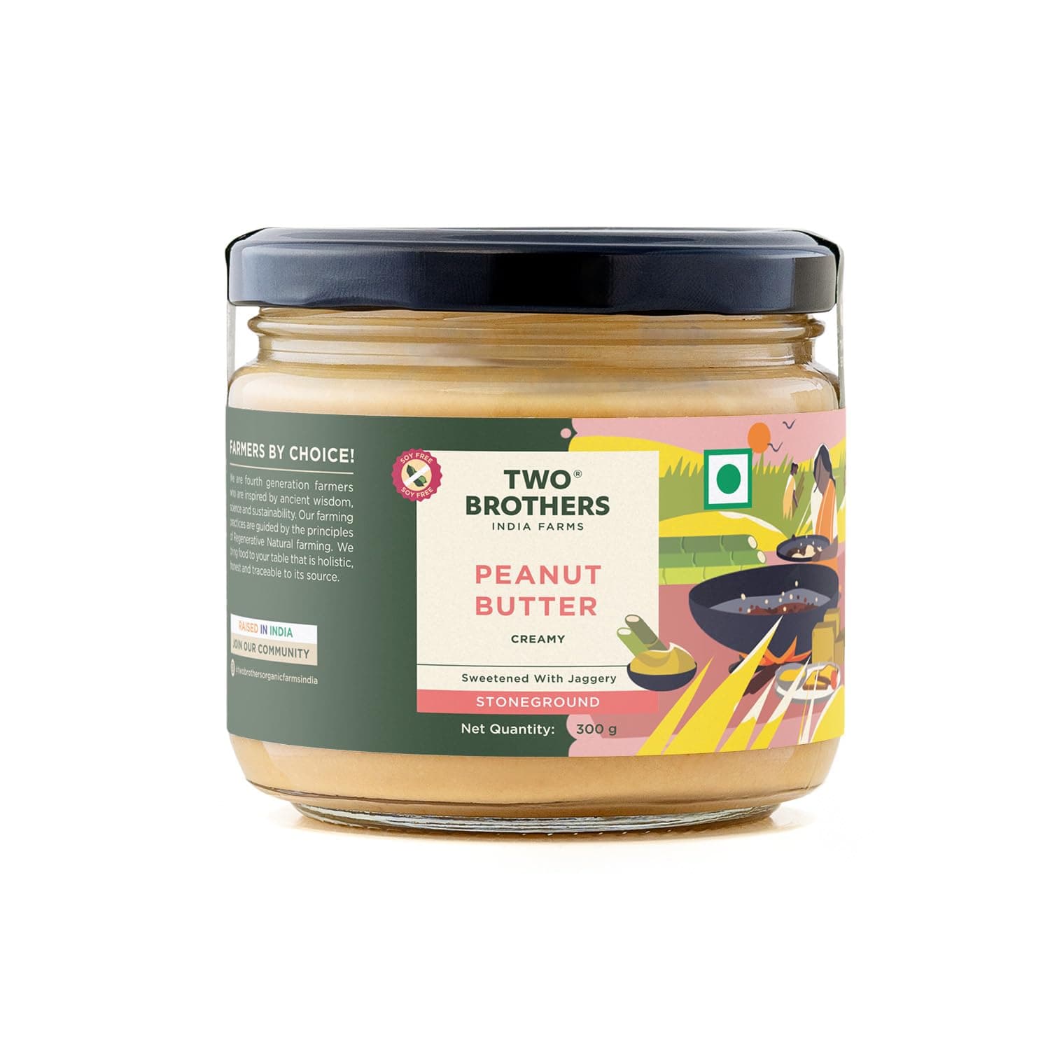 Two Brothers India Farms Stoneground Creamy Peanut Butter with Jaggery (300 g) | Protein Rich, No Additives, No Added Refined Sugar | Plant Based Butter
