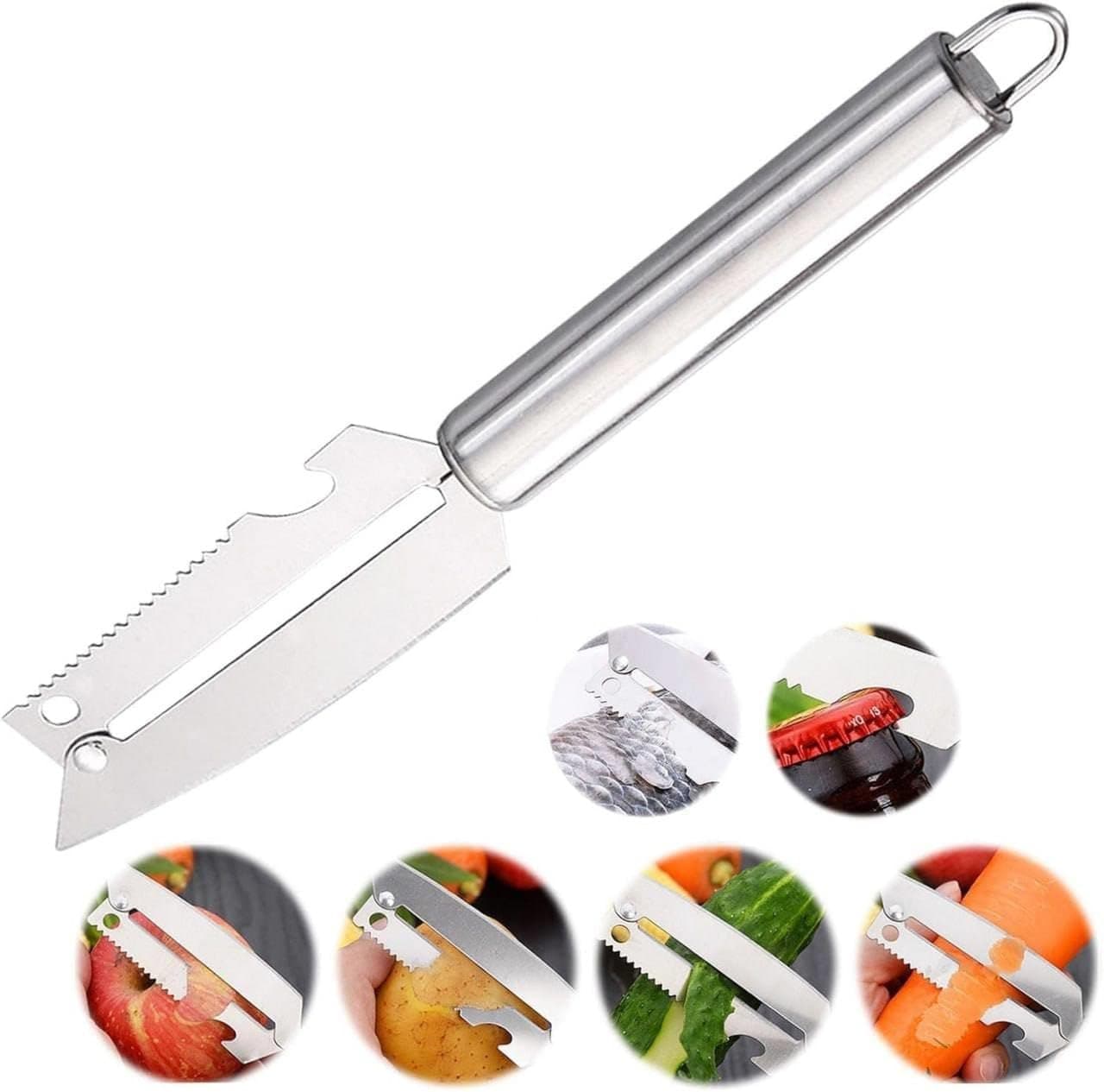 Multi Functional Stainless Steel Vegetable Peeler with Wooden Handle & Bottle Opener - Single Blade Fruit and Vegetable Cutter Tool (4in1 Peeler Steel)