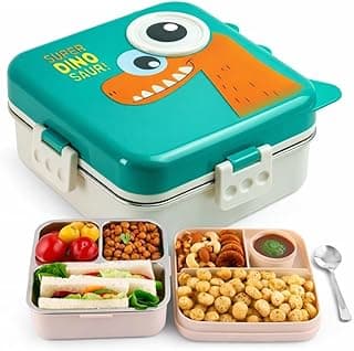 TEC TAVAKKAL Super Dinosaur Green Kids Lunch Box – Stainless Steel Insulated Tiffin for School with Spoon, BPA-Free | Leak-Resistant Bento Box with Tray & Container | 1120ml + 70ml (Dinosaur, Green)