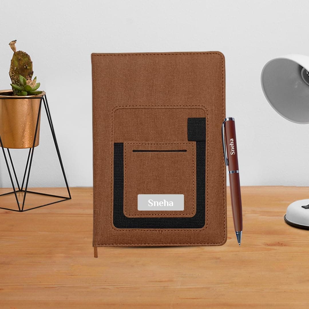 Giftana Personalized Notebook Diary with Pen Gift Set for Men and Women, 2 in 1 Customized Office Diaries A5 Size Notebook, Diwali Gifts, Personalised New Year Corporate Gifts for Employees (Brown 1)