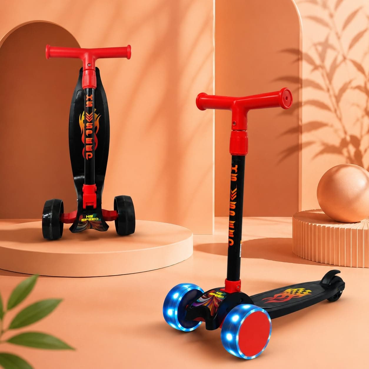 MEA Kids Cruiser Kick Scooter with Wheels, Alloy Steel Frame | Ride On Toy for Boys Girls, Adjustable Handlebar, Rear Foot Brake & Anti Skid Deck Smooth Glide Scooter (PVC Wheels with LED Light, Red)