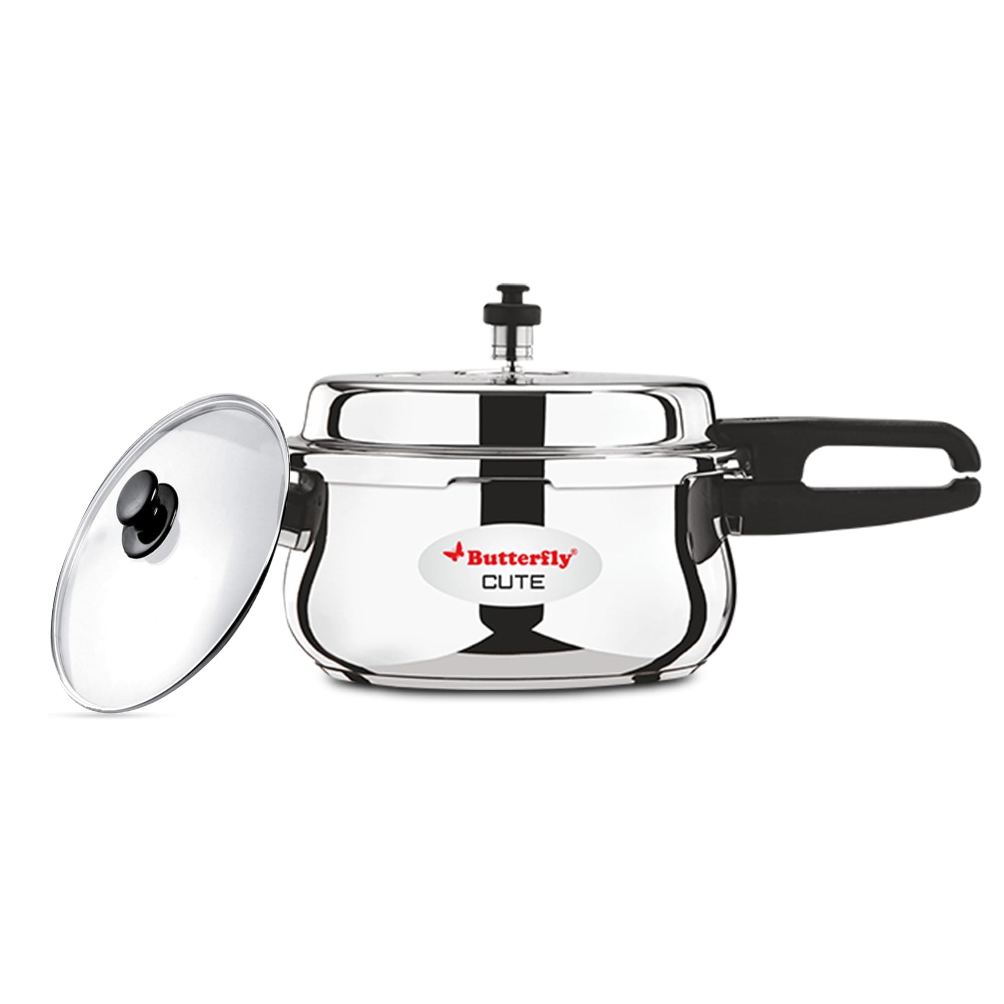 Butterfly Cute 2 Litres Stainless Steel Outer Lid Pressure Cooker with Glass Lid| TRIPLY Base | Induction & Gas Stove Compatible | Triple Safety | ISI Certified | 5 Years Manufacturer's Warranty