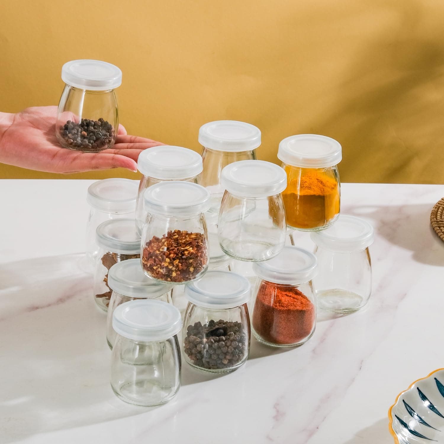 Nestasia Small Glass Jar with Lid Set of 16 (100ml Each), Transparent Seasoning Glass Containers for Kitchen Storage Pantry, Spices, Salt, Pepper, Herbs or Chilly Flakes