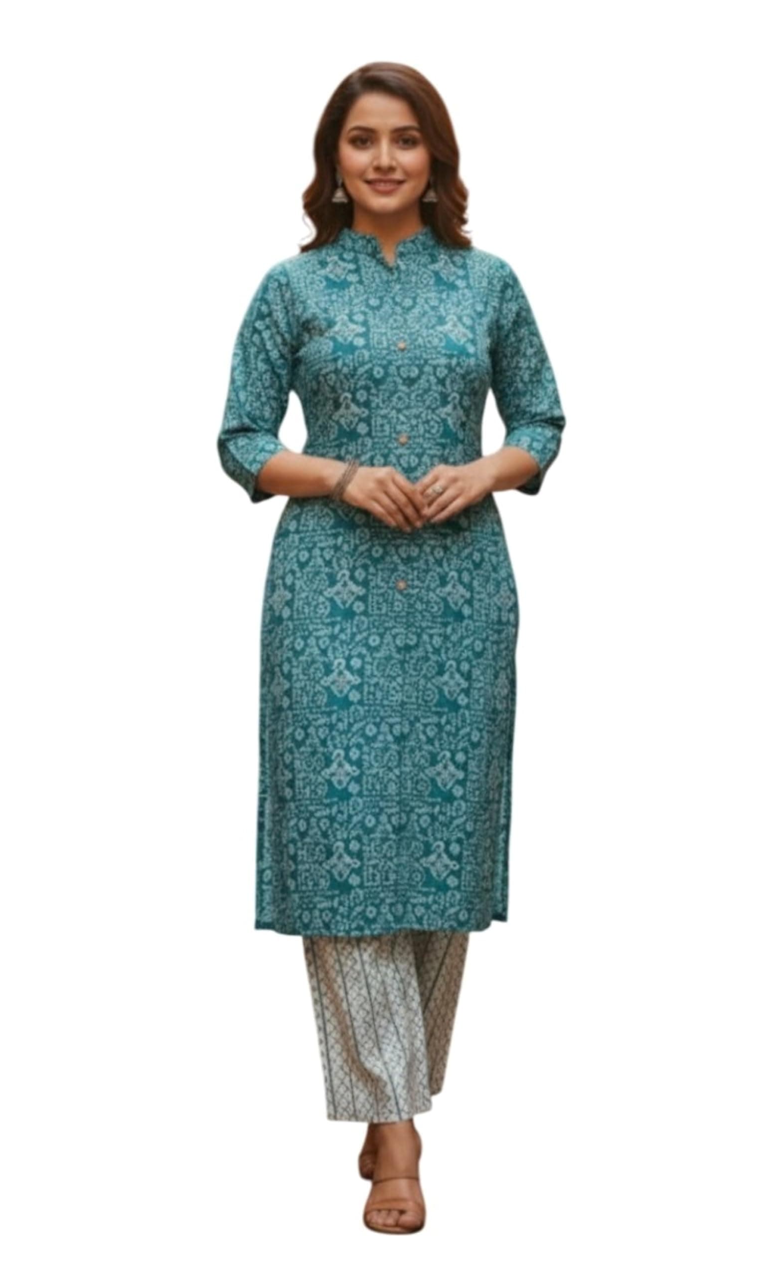 Asmeriyo Kurta Set for Women | Long Kurti with Pants | Indo Western Ethnic wear Designer Printed Long Kurta Kurti Set for Women (112-A-B)