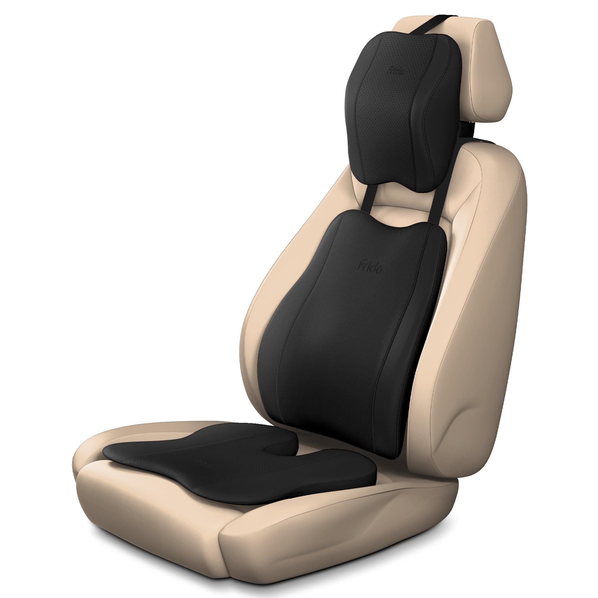 Frido Premium Car Comfort Bundle with Memory Foam Neck Rest, Lumbar Backrest and Wedge Seat Cushion Set of 3, Ergonomic Neck Back and Tailbone Support for Long Drives and Daily Commutes | Black
