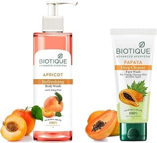 Biotique Bio Papaya Visibly Flawless Skin Face Wash For All Skin Types, 150ml & Apricot Body Wash, Transparent, 200 ml