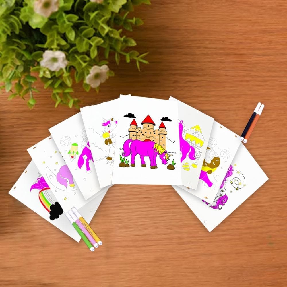 ToyMagic Rainbow Unicorn Mandala DIY Set|Includes 8 Printed Sheets for Coloring and 12 Sketch Pens|Learning & Activity Toy|Colorful Décor|Birthday Gift for Kids|Made in India