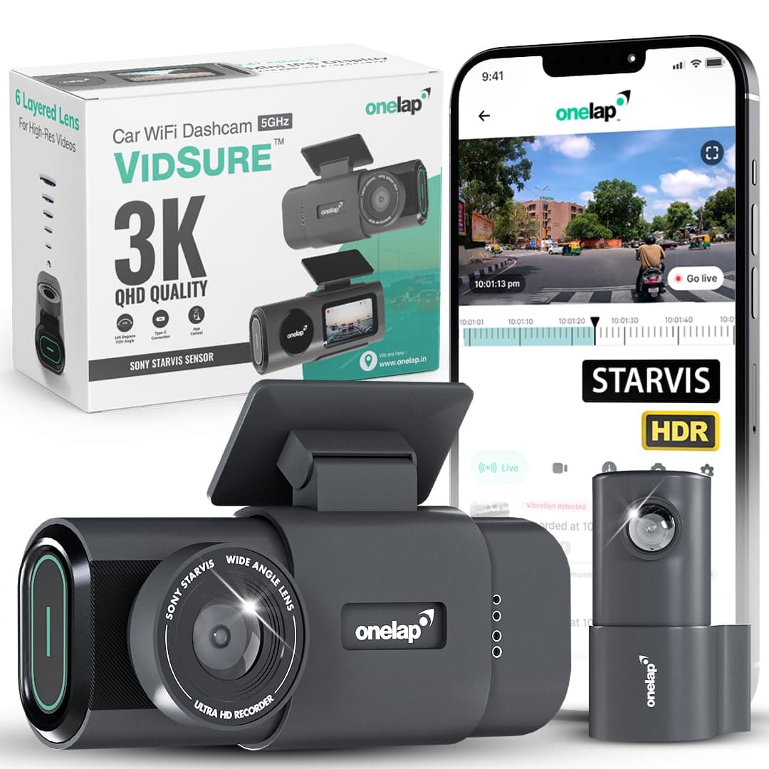 Onelap Vidsure™ (2026 Sony STARVIS IMX335) - 3K UpScaled to 4K Dashcam for Car | Front and Rear | 5MP 3840p QHD Front | 5.8Ghz WiFi | 2MP 1080p FHD Rear | HDR |1.47" LCD | Dual Port Charger