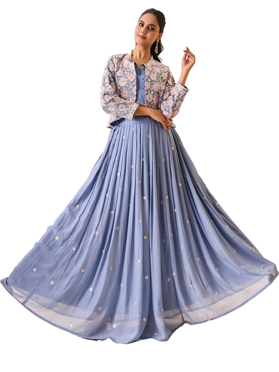 madhuram textiles Blue Shimmar Choli Skirt Koti Set for Women | V-Neck Embroidered Indo Western Ethnic Outfit | Lehenga Dress with Jacket | Ethnic Wear Collection(M-2572 Blue)