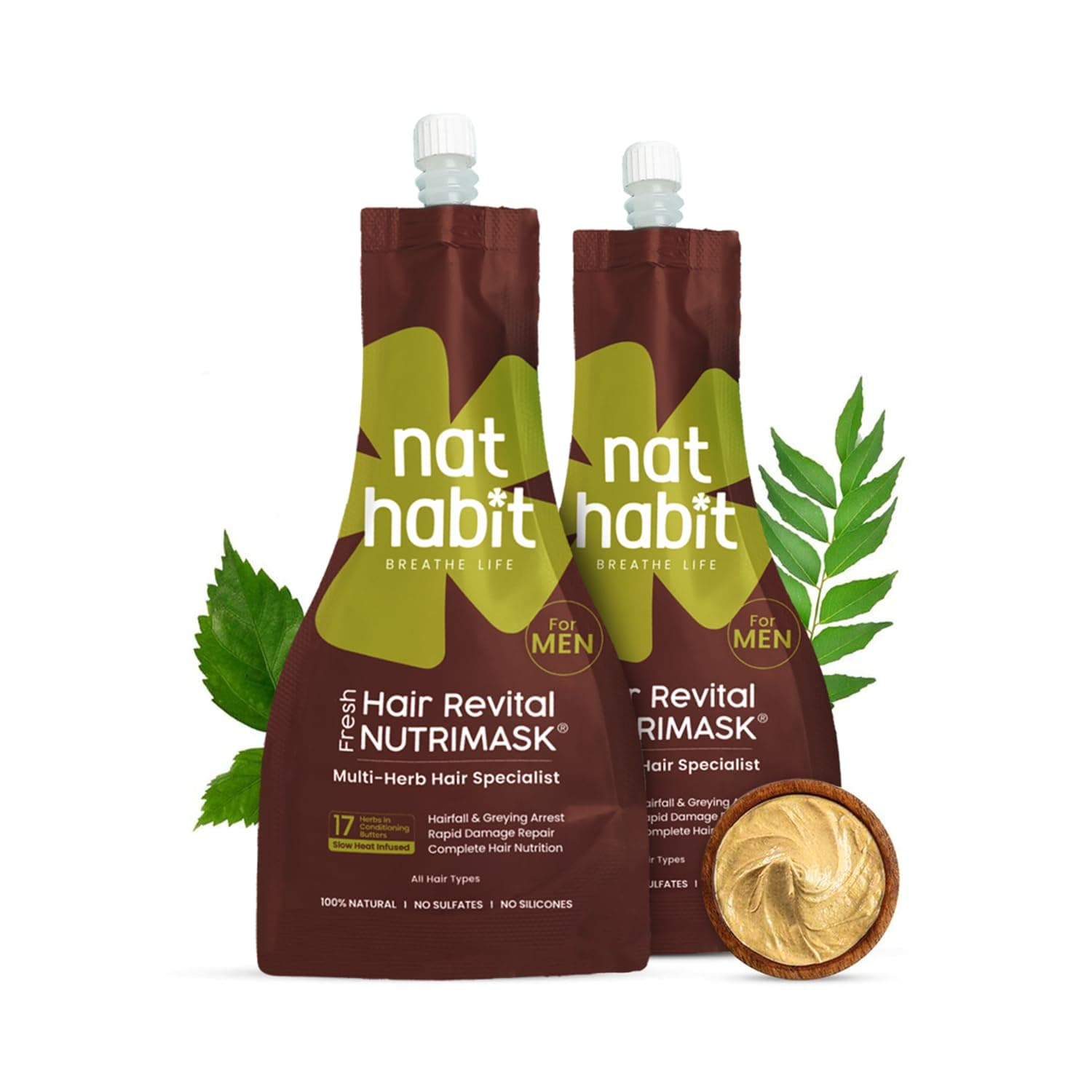 Nat Habit Men's 8 Herbs Hair Revital NutriMask - Hair Mask For Grey Hairs, Conditioning, Smoothening, Strengthen & Shine, Suitable For All Hair & Scalp Types (Pack of 2 x 40gm)
