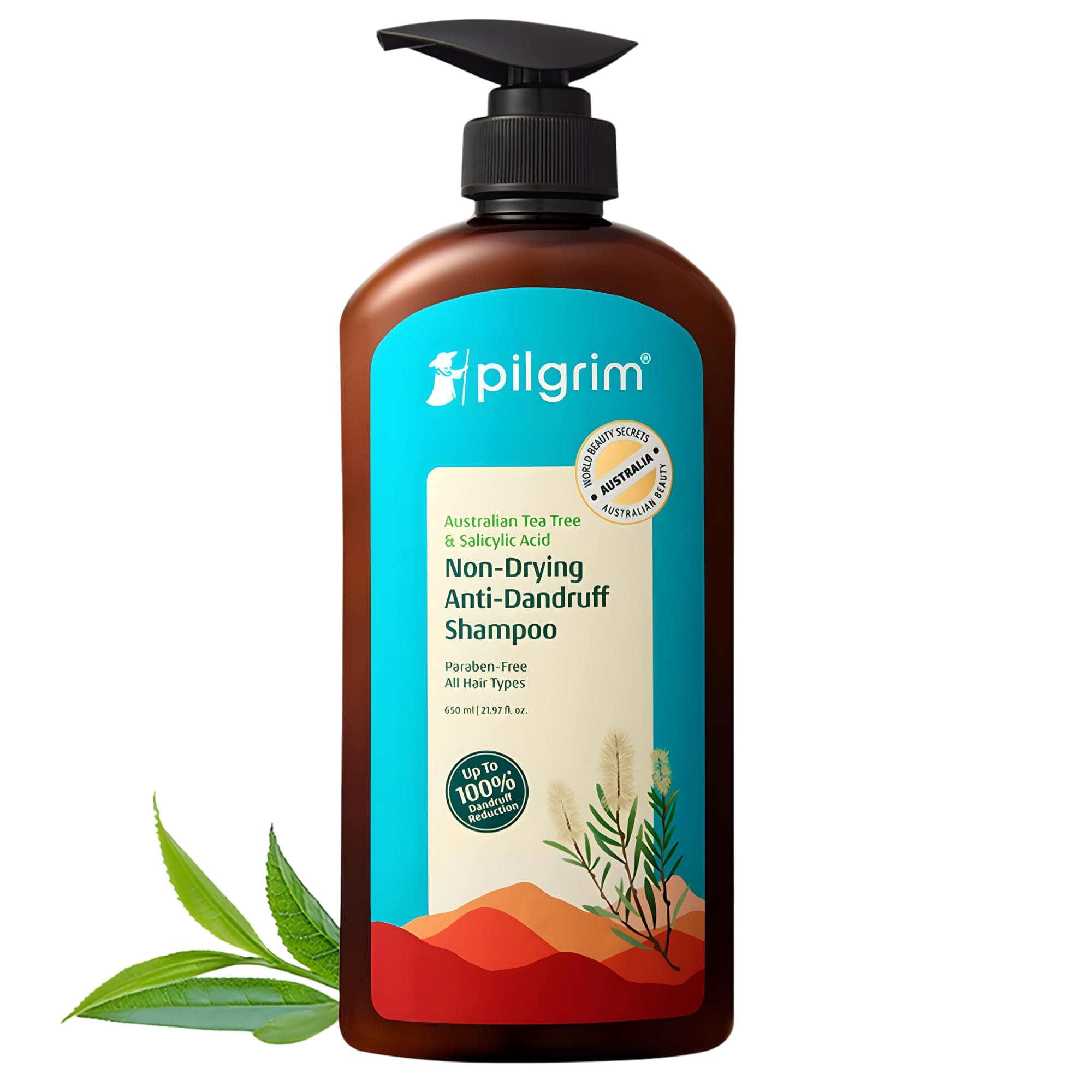 Pilgrim Australian Tea Tree Non-Drying Anti-Dandruff Shampoo 650 ml with 0.01% Salicylic Acid | Removes Dandruff from Source | Helps with Itching, Irritation | Strong & Smooth Hair | For Men & Women