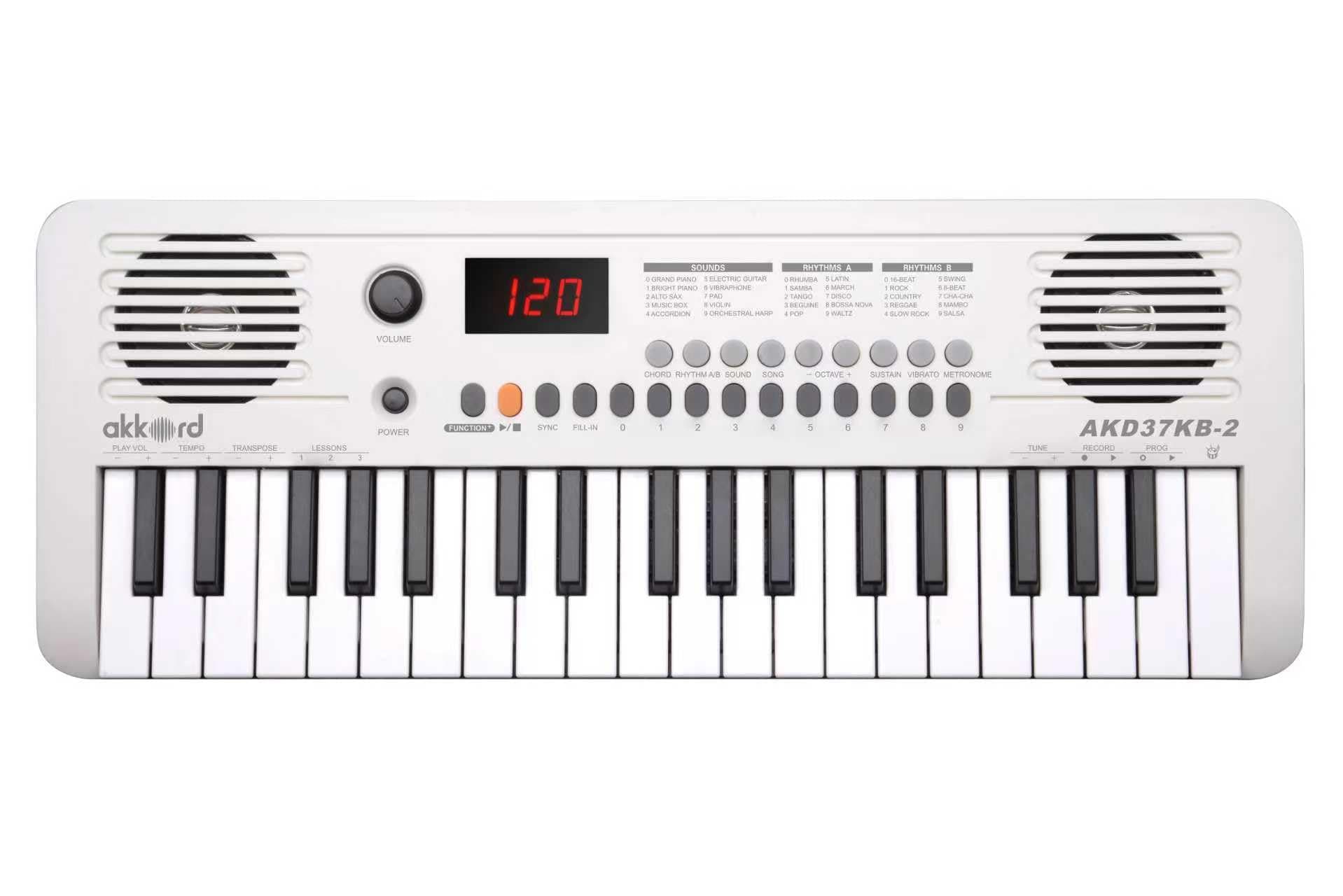Akkord 37 Keys Music Keyboard – White Edition | 20 Rhythms, 10 Tones & 10 Demos, LED Display, Portable Beginner Piano Compatible | Kids, Beginner Keyboard with USB-C Cable (Without Adapter and MIDI)