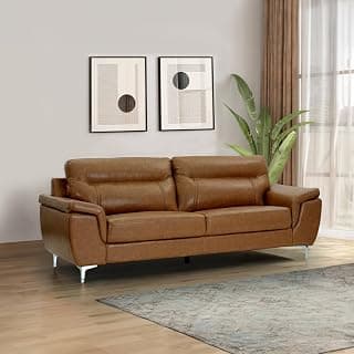 Royaloak Miami American Leatherette 3 Seater Sofa| Tan Color Sofa | Super Soft Cushions | Extra Large Seating Space | Wider Armrest | Chrome Finish Metal Legs | Solid Wood Construction | Supports Neck