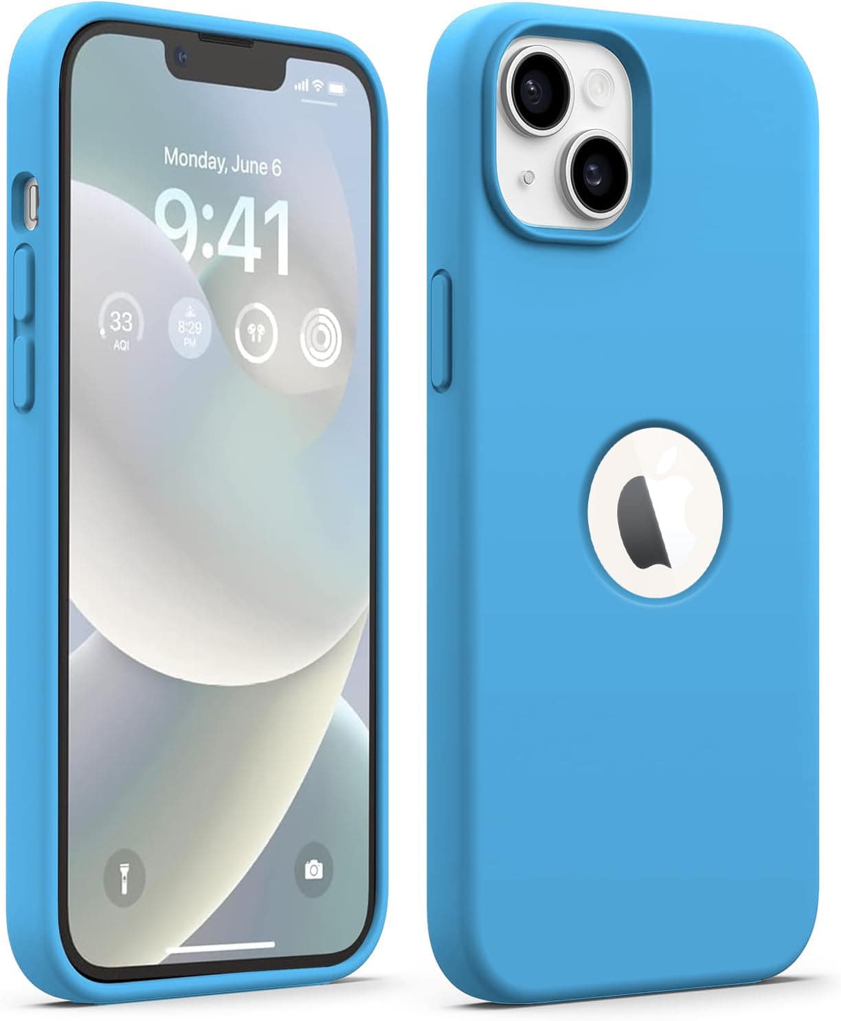 Elzzi Microfiber Logo Cut Compatible for iPhone 13 Case Liquid Silicone Cases Non-Slip Full Body 4 Layer Protectives Shockproof Back with High Raised Camera Lips (6.1 inch, Aqua)