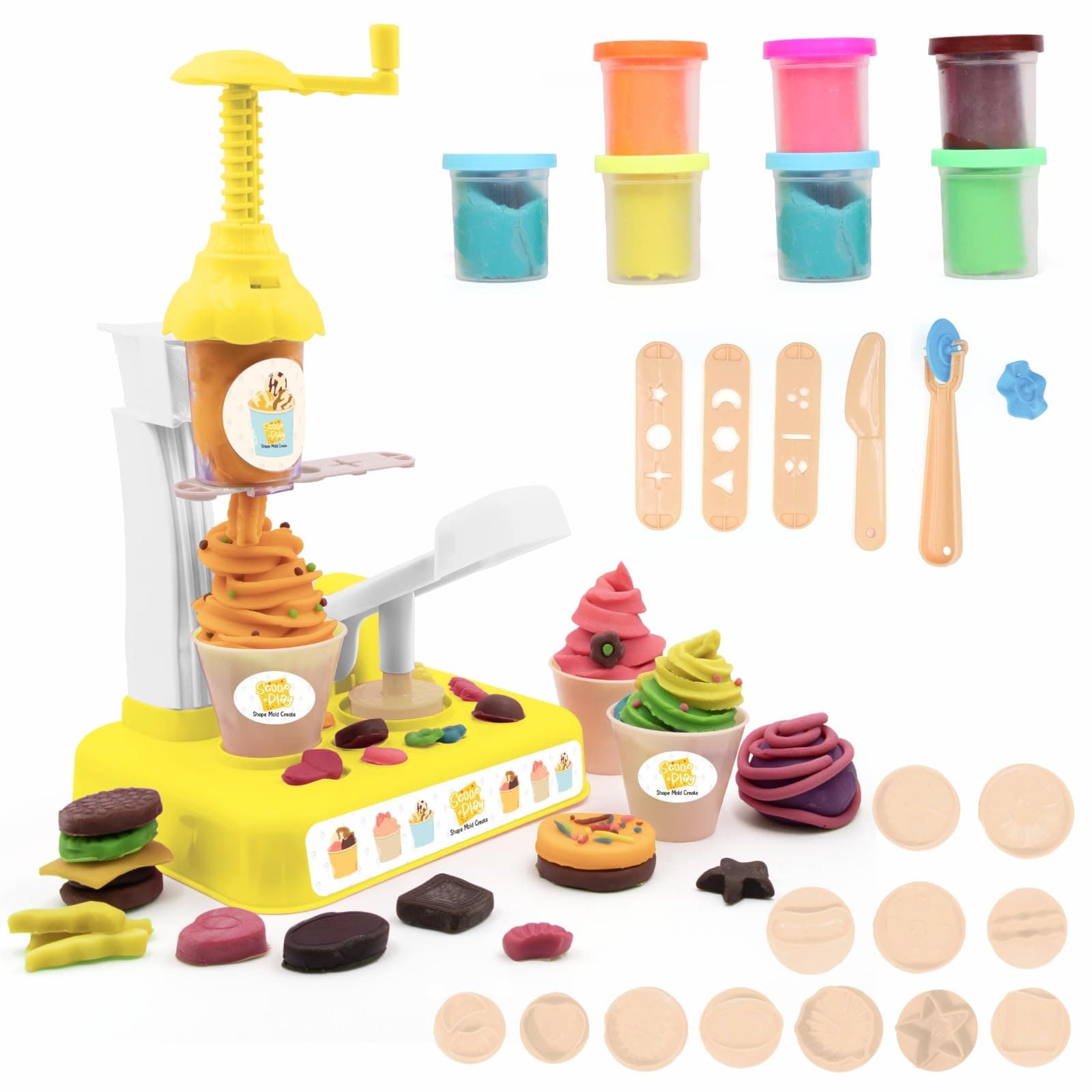 Chanak Toys Play Dough Ice Cream Maker Set, Safe Non-Toxic Dough Ice Cream Maker Including 6 Color Dough Tubes Each 50g + 1(100gm) for Boys Girls, Above 3+ Age (White)