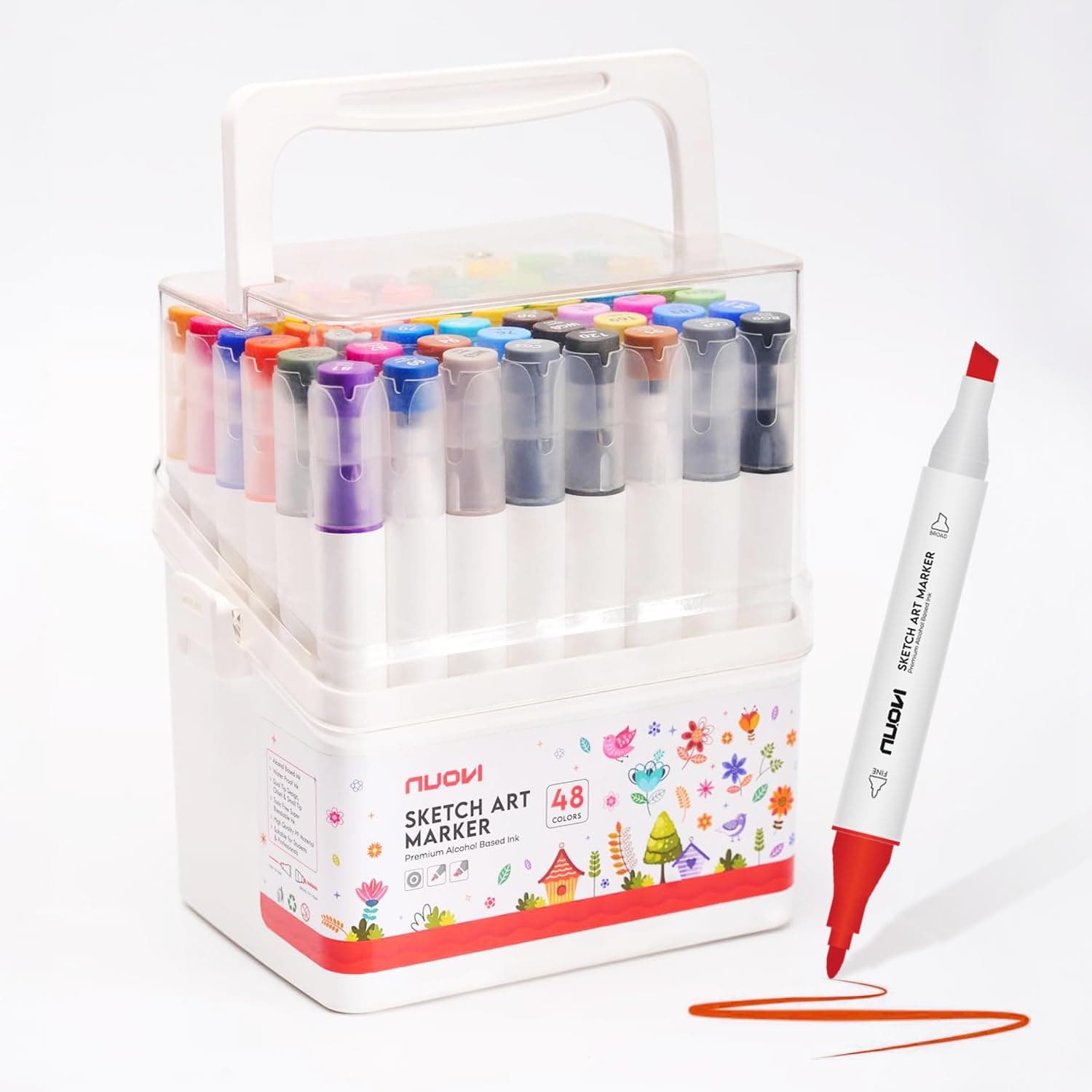 NUOVI Art Markers 48 Shades | Super Blendable Alcohol Based Ink, Smudge Free Colors | Dual Tip Fine & Chisel Tip Markers for Drawing, Colouring & Sketching