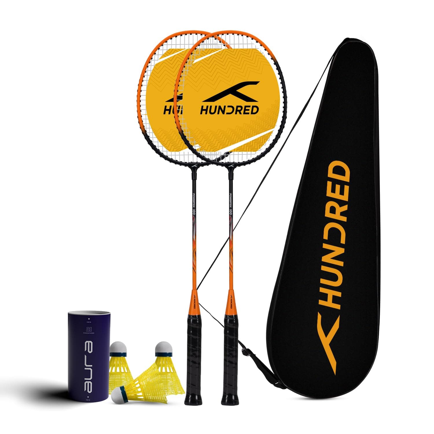 Powertek 100 (2 Strung Rackets with 1 Full Cover) with 3 pc Aura Nylon Shuttlecocks