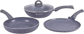 Wonderchef Granite Nonstick 4 Piece Cookware Set(Frying Pan with Lid, Wok, Dosa Tawa), Induction Bottom, Soft-Touch Handles, Pure Grade Aluminium, PFOA, 3.5mm, 2 Years Warranty (Grey)