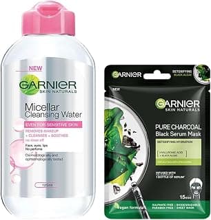 Garnier Skin Naturals, Micellar Cleansing Water, 125ml And Garnier Skin Naturals, Charcoal, Face Serum Sheet Mask (Black), 28G