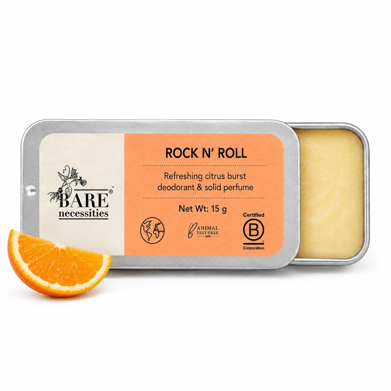 Bare Necessities Rock n Roll Solid Deodorant | Prevents Body Odour | Natural Citrus Fragrance | No Aluminium, Alcohol, Paraben-free | Travel Mini Size Deodorant for Women - 15g