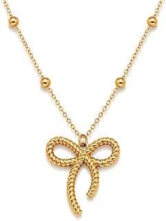 Zarini Premium Gold-Plated Twisted Bow Rope Knot Charm Pendant Necklace with Beaded Chain