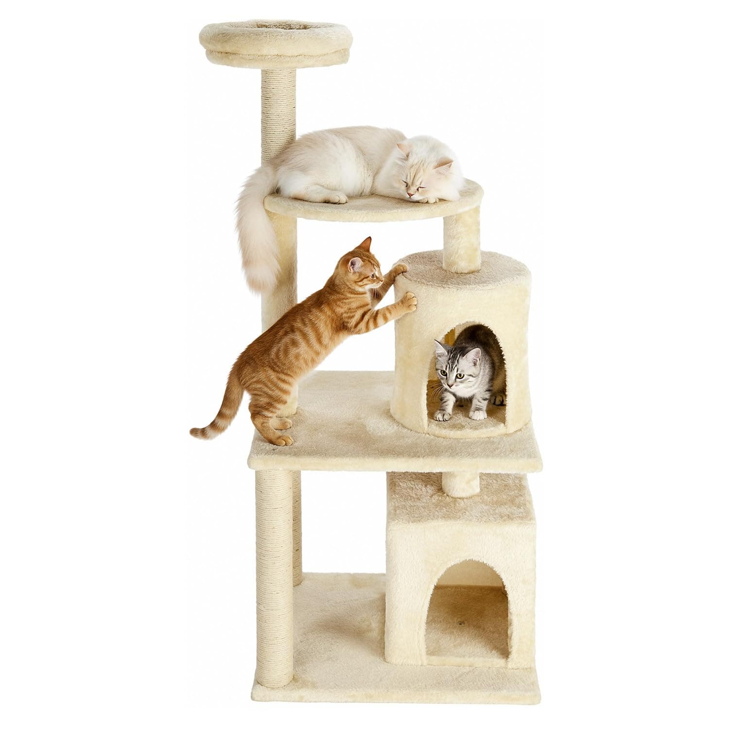 Amazon Basics Condo Activity Cat Tree Top Perch Sctraching Post Furry Hanging Ball Jute Rope, Light Beige with White Rope (L)
