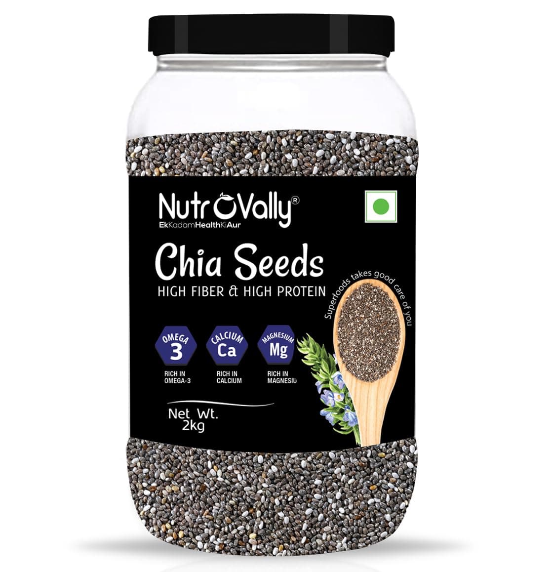 NutroVally Chia Seeds 2kg|Supports Digestion & Hydration|Premium chia seed|Rich in Calcium, Protein & Fibre|chia Seeds for weight loss|100% Clean Chia Seed|Gluten-Free |seeds for skin glow & eating