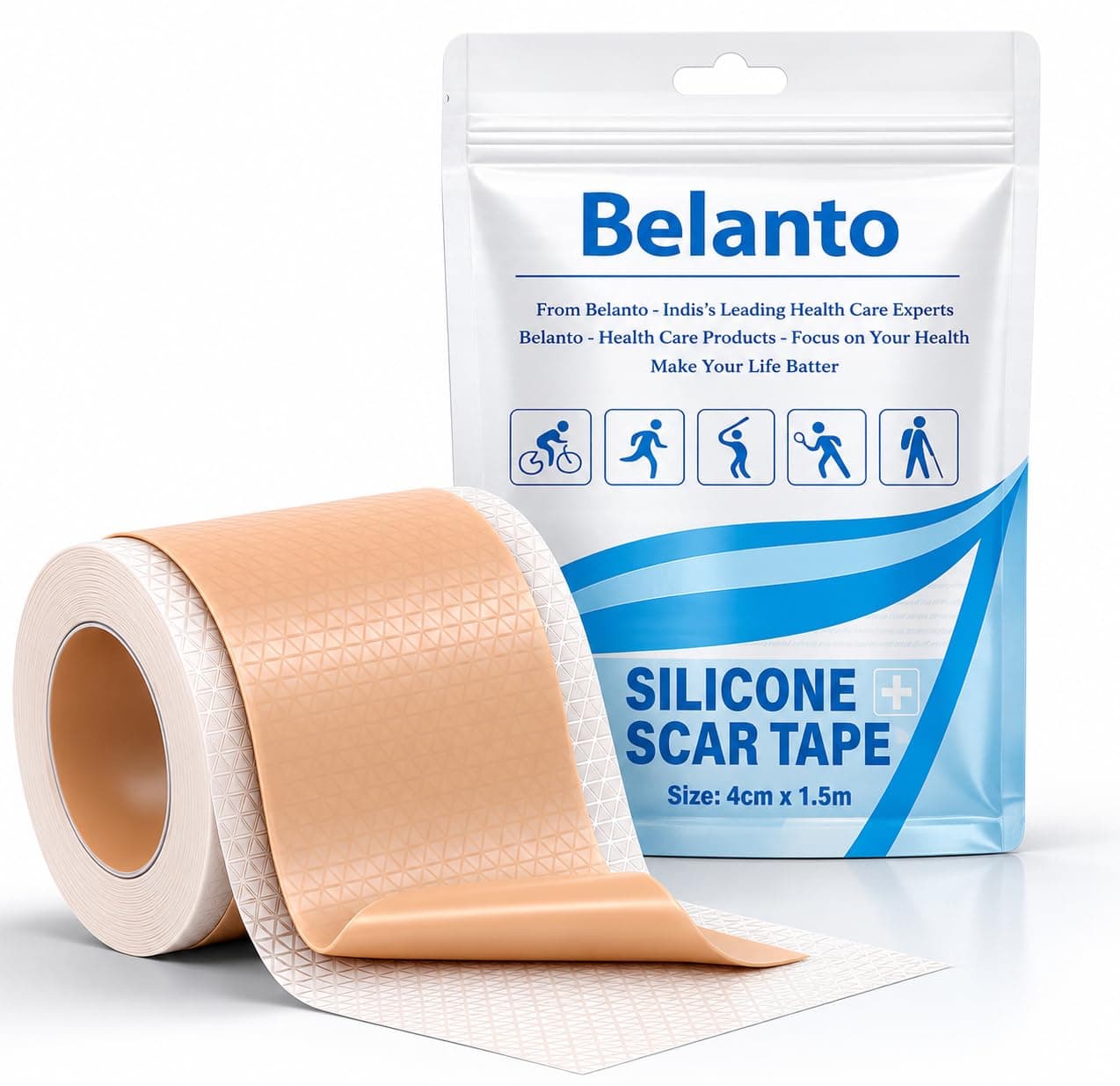 Belanto Silicone Scar Sheets, 4cm x 1.5m Medical Silicone Scar Tape for Surgical Scars, Keloids, C-Section, Tummy Tuck, Burn, Acne, Reusable & Washable Hypertrophic Scar Removal Silicone Gel Sheet Treatment Strips