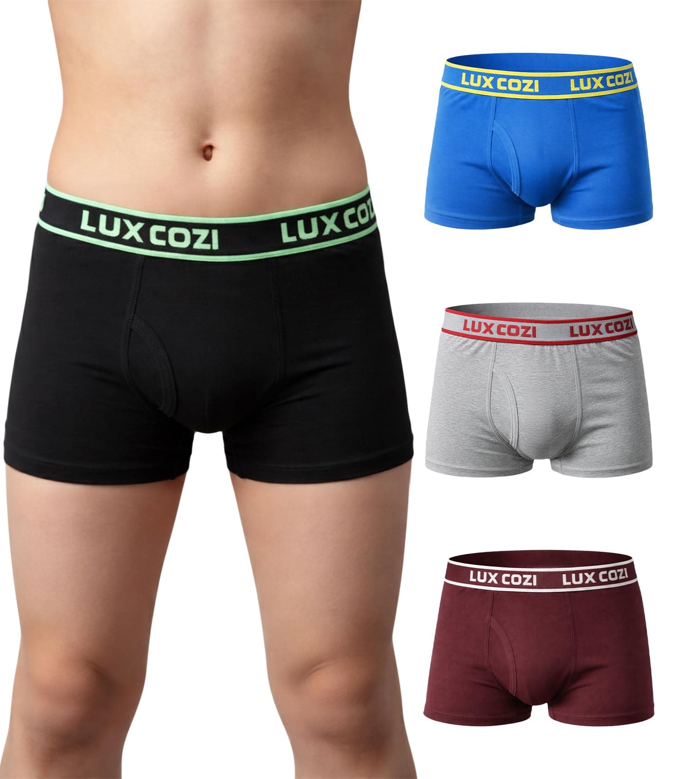 Lux Cozi Boy's Cotton Outer Elastic Semi Long Trunk for Boys | Soft Breathable Cotton Underwear | Comfortable Stretch Waistband Trunks | Pack of 4 - Color & Prints May Vary