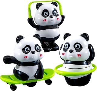 Cute Panda Action Toy Set for Kids, 3 PCS Interactive Rotating Panda Play Figures with Skateboard, Hula Hoop & Jump Rope, Educational Moving Toys Gift for Boys and Girls Age 3+